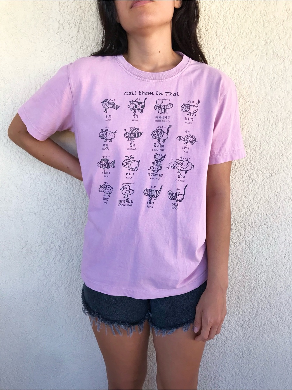 90s Vintage Pink Graphic Tee with Animal Illustrations /Thai Words / Crew Neck - Picture 3 of 6